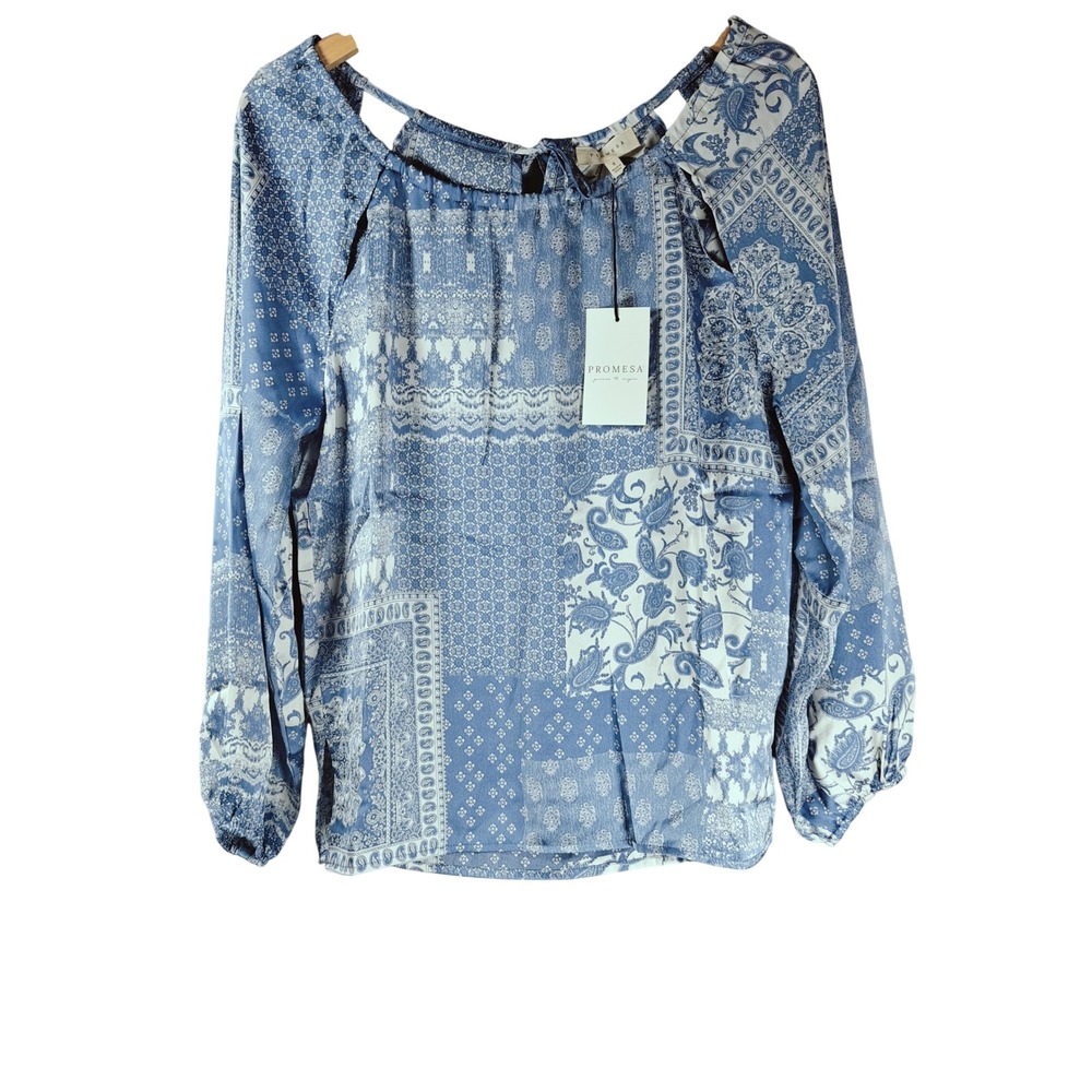 Promesa Boho Peasant Top Blue White Paisley Floral Balloon Sleeve Blouse Medium